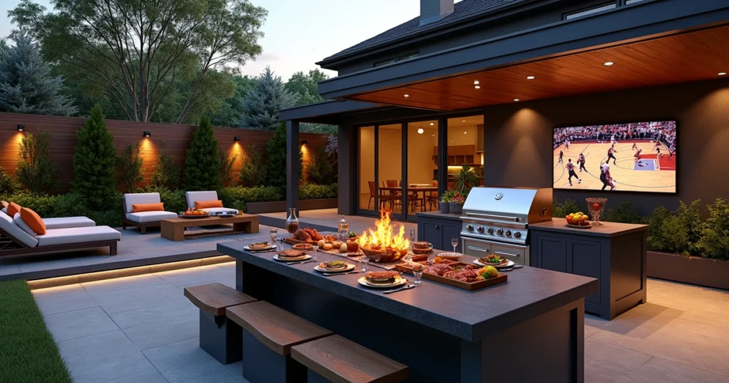Luxury backyard with modern BBQ grill, stylish outdoor seating, and gourmet dishes on table
