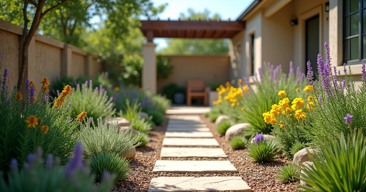A vibrant drought-tolerant garden featuring native Texas plants under bright sunlight