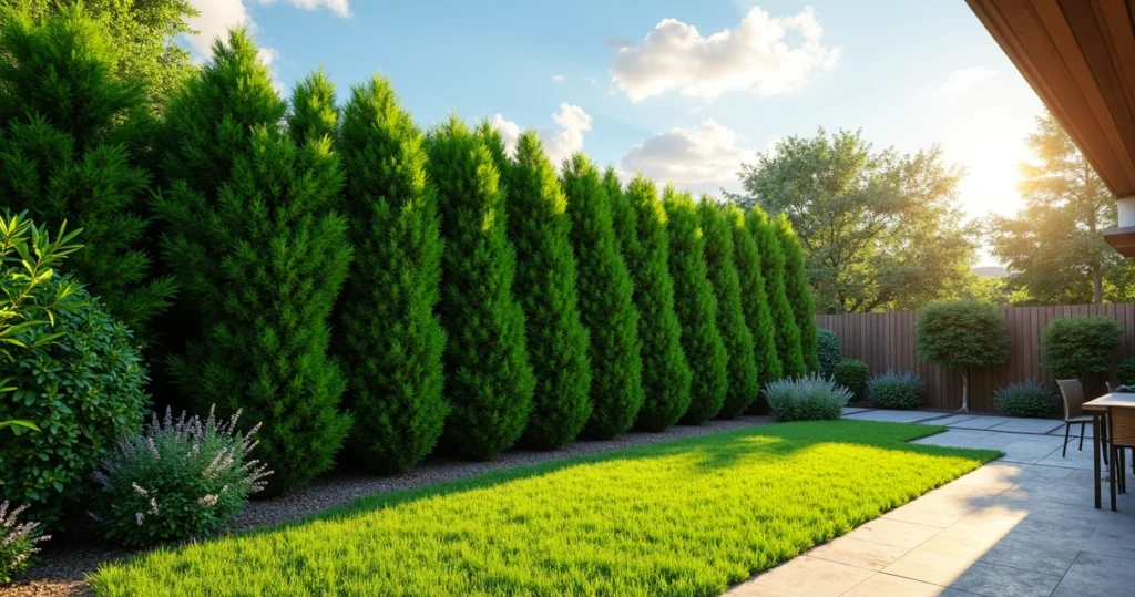 Evergreen hedge forming a dense natural backyard screen in a sunny Central Texas residential garden