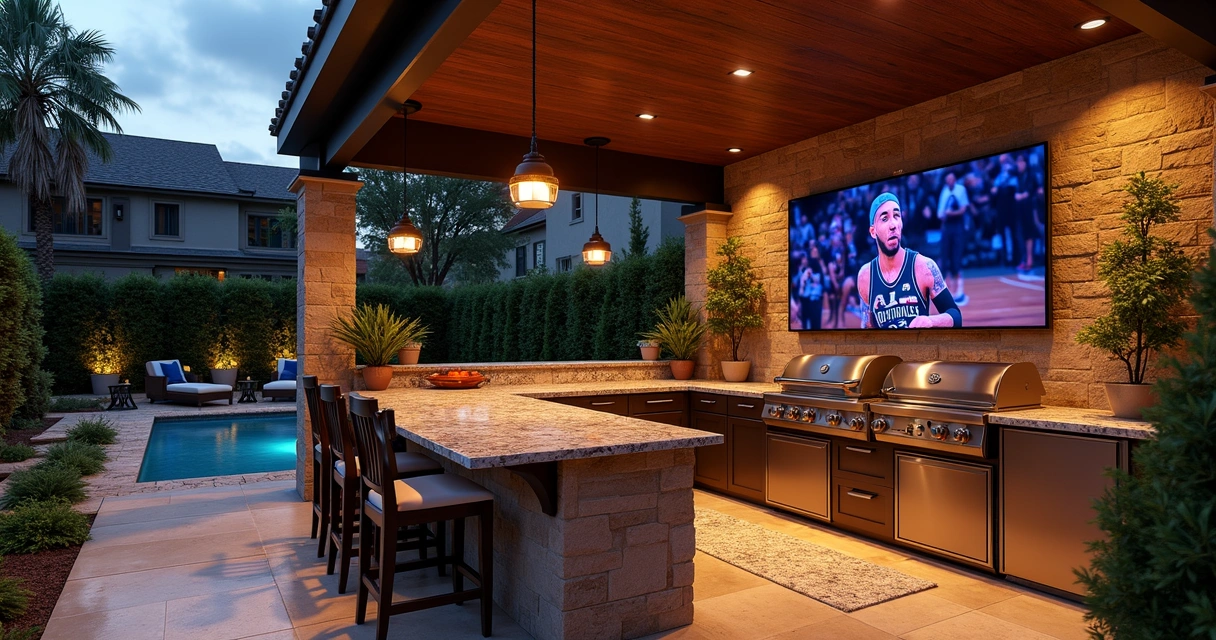 Luxury backyard outdoor kitchen with multiple flat-screen TVs showing NBA Finals game, large granite island, ambient lighting, and comfortable seating
