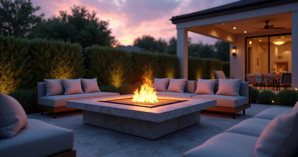 Luxury outdoor fire table glowing warmly in a modern backyard at dusk with ambient lighting and comfortable seating nearby