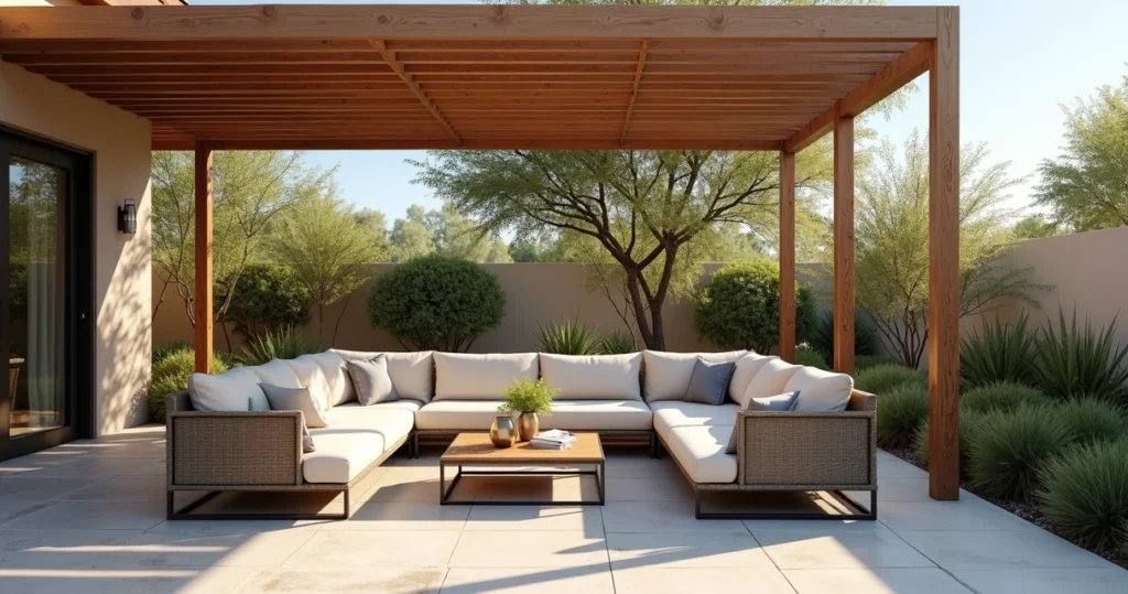 Modern outdoor seating set with weather-resistant cushions under pergola in bright Austin backyard