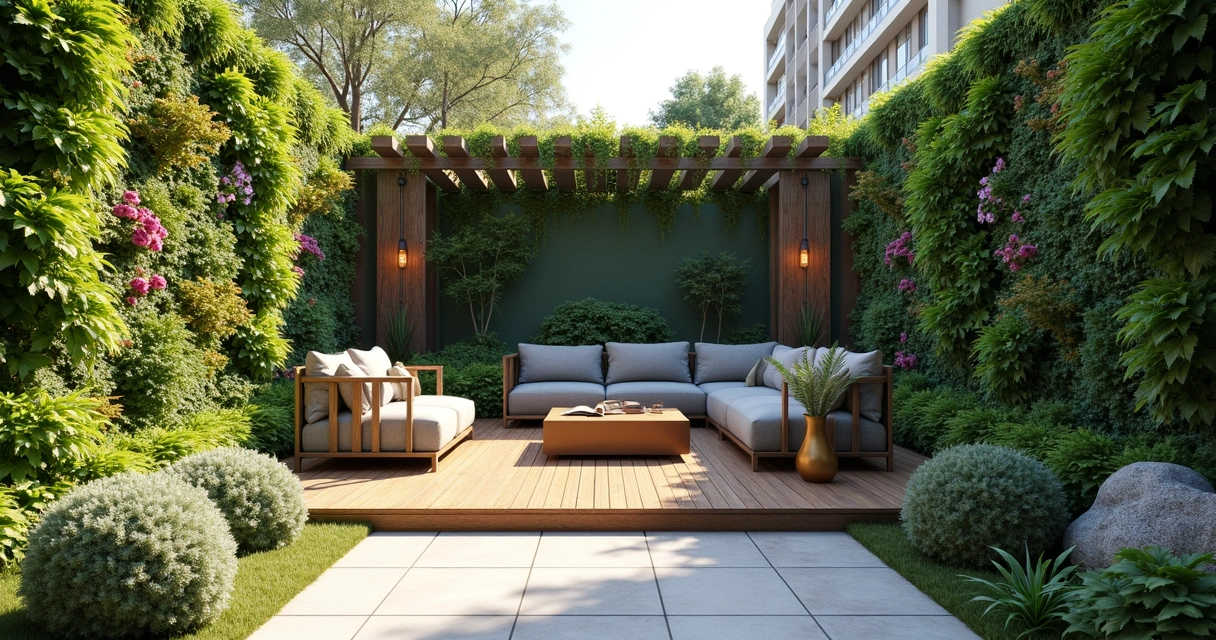 Modern outdoor garden with vertical garden walls, wooden deck, and seating area