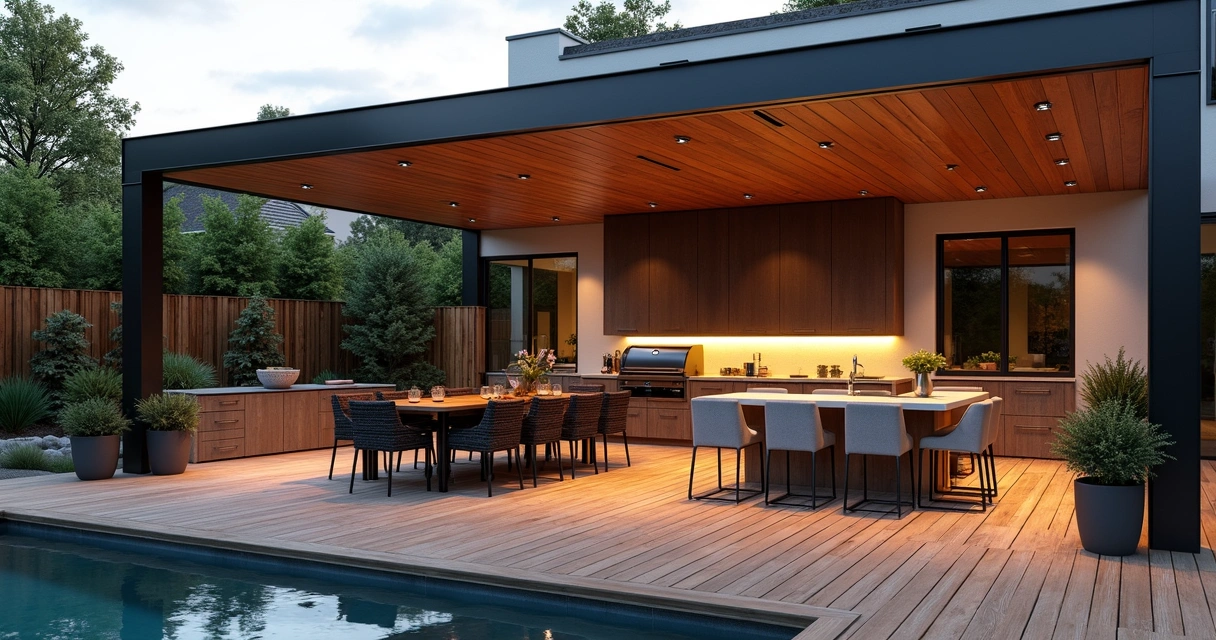 Stylish outdoor gourmet area with wooden deck, pergola, built-in barbecue, dining table and ambient lighting