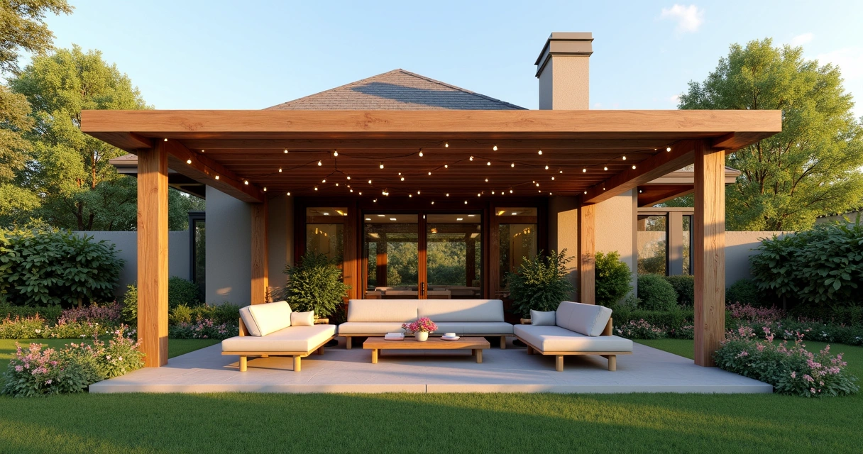 Modern wooden pergola with outdoor seating and string lights in a lush backyard