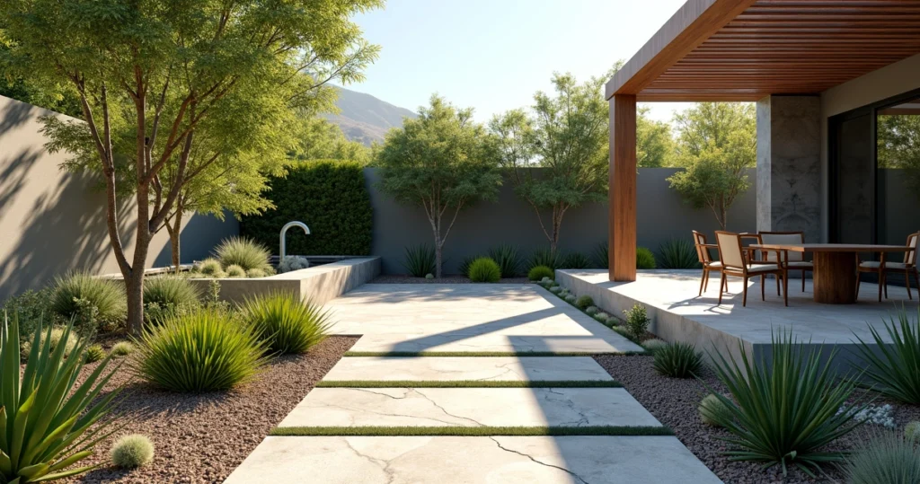 Modern outdoor patio with xeriscaping plants and stone pathways under natural sunlight