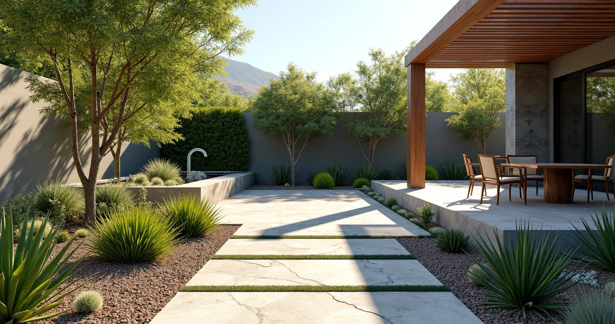 Modern outdoor patio with xeriscaping plants and stone pathways under natural sunlight