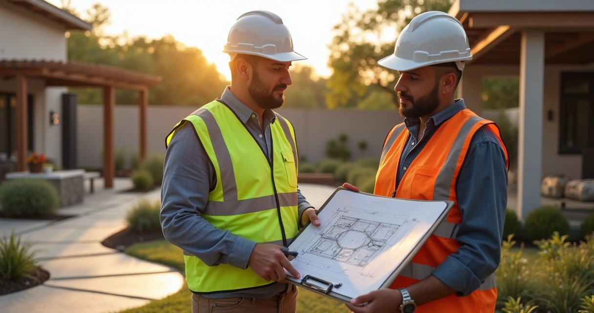 Outdoor contractor discussing plans with client at modern residential backyard site