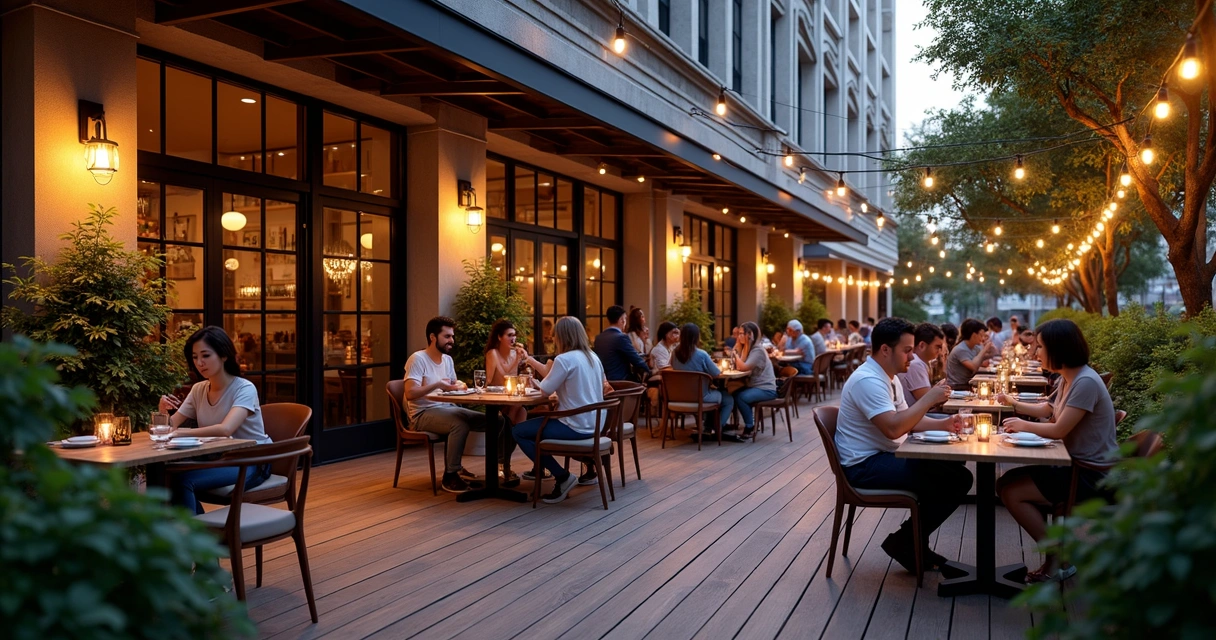 Outdoor restaurant patio with customers dining and chatting under string lights at twilight