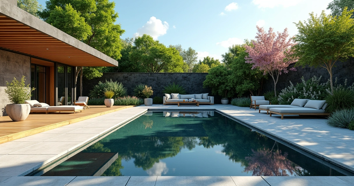 Serene outdoor water mirror reflecting lush greenery and modern patio under bright sky