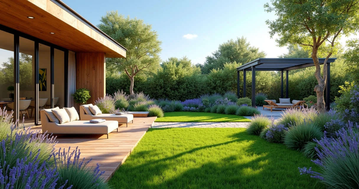 Lush Texas yard featuring eco-friendly ground covers and no-mow lawn with modern outdoor seating