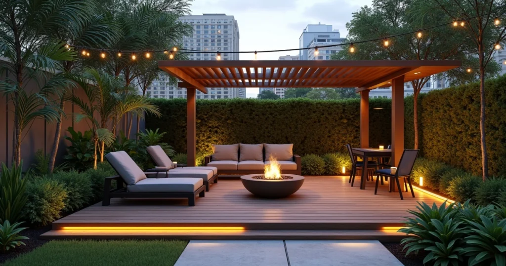 Modern small backyard with wooden deck, lush plants, pergola, and cozy seating under warm lighting