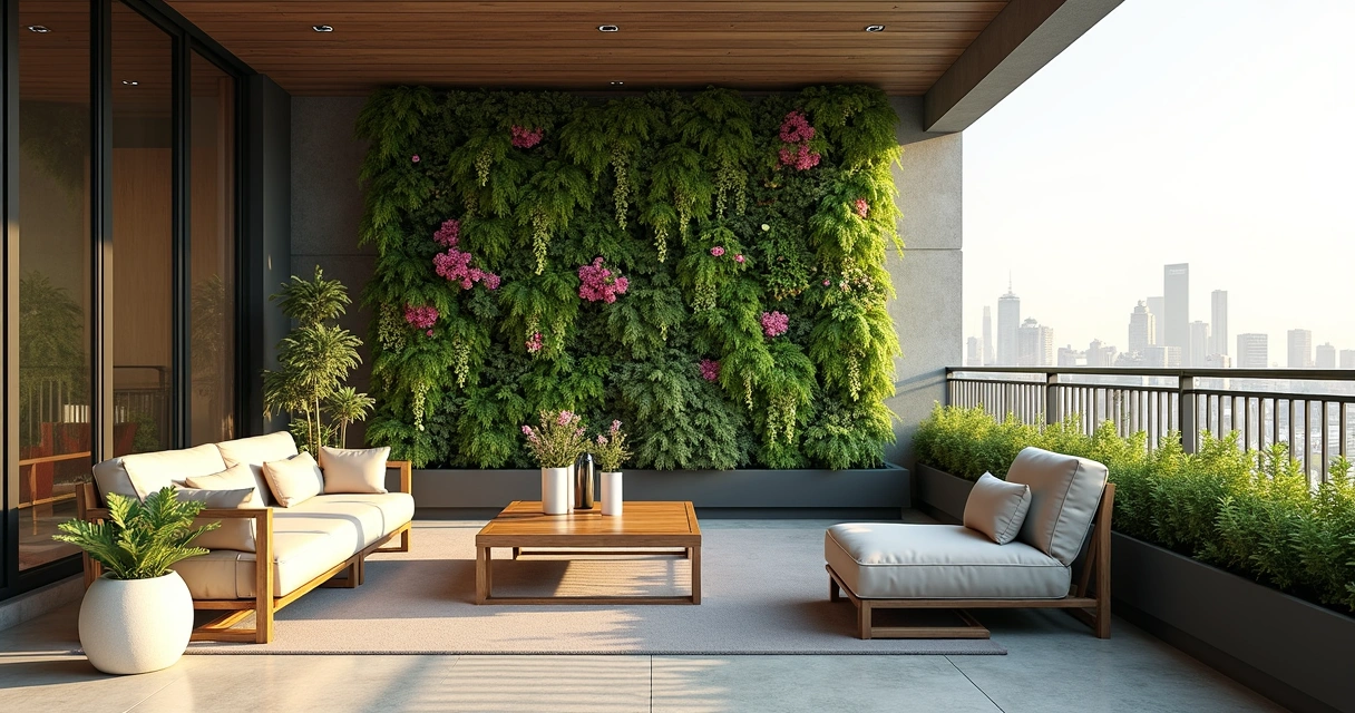 Modern urban balcony with an elaborate vertical garden featuring a variety of lush green plants and flowers mounted on a wooden panel wall