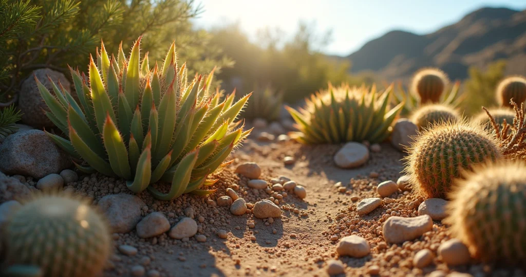 Close-up of native Texas succulents and cacti thriving in intense July heat with dry soil and bright sunlight