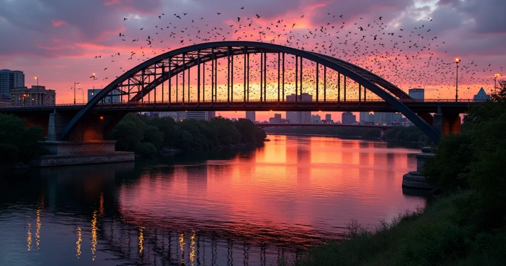 Congress Avenue Bridge at dusk with bats flying over the river and city skyline
