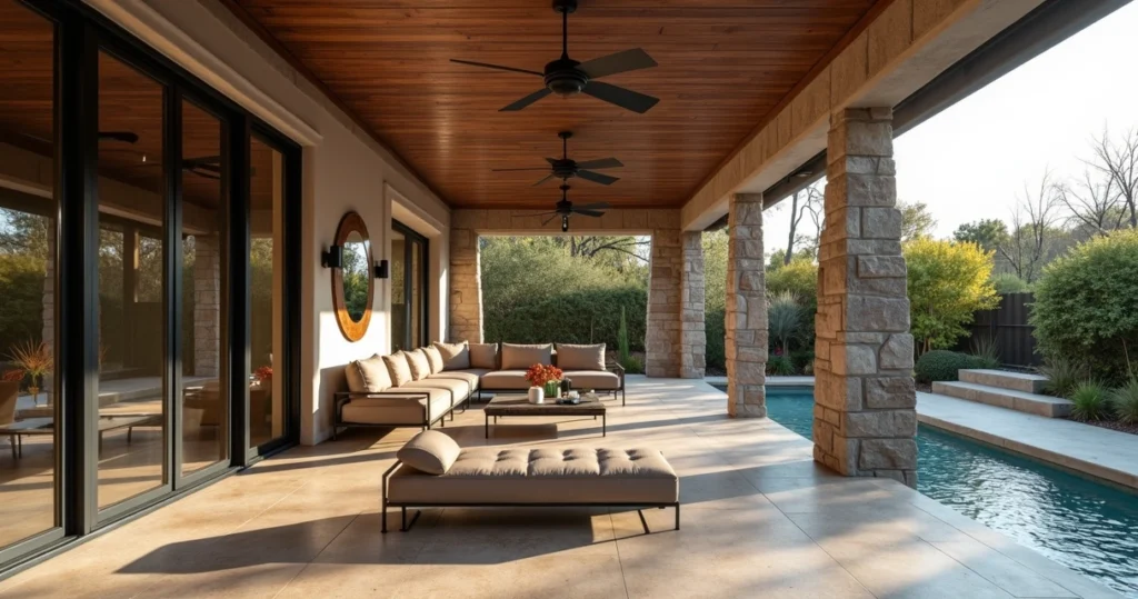 Modern covered patio in Austin backyard with ceiling fans and comfortable seating