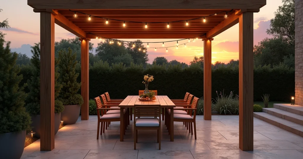 Covered outdoor dining patio with modern wooden table and chairs under pergola with string lights at sunset
