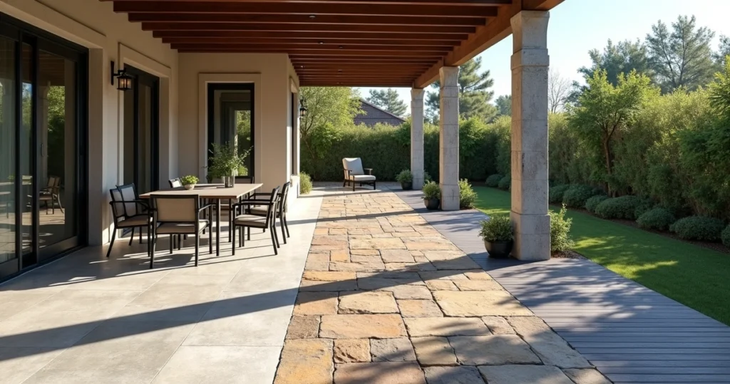 Covered patio with different flooring materials including porcelain tiles, natural stone, and composite decking in a sunlit outdoor setting