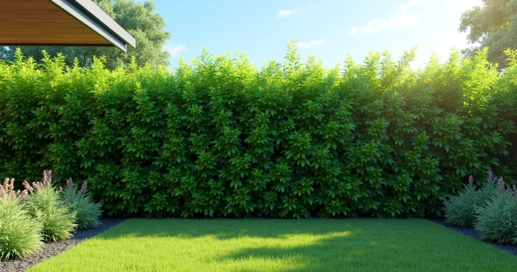 Dense green hedge in a residential garden filtering airborne dust with clear blue sky