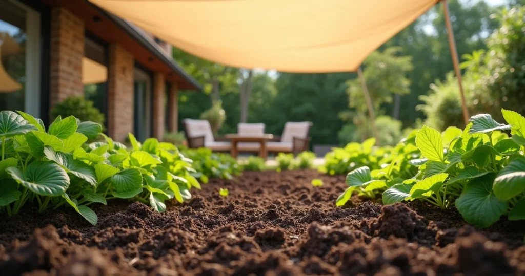 Outdoor garden bed with deep organic mulch and shade cloth covering to cool soil in midsummer