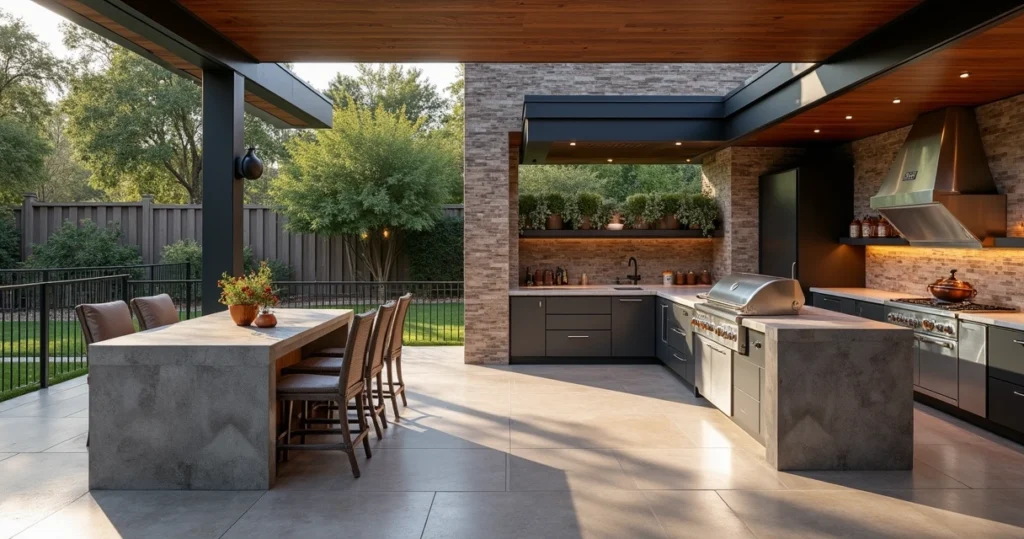 Modern luxury outdoor kitchen with stone countertops and stainless steel appliances in an Austin backyard