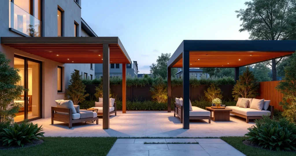 Modern backyard with wooden pergola and patio cover providing shade over outdoor seating with plants and soft lighting
