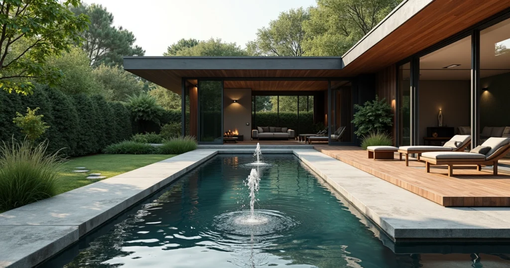 Modern backyard with a sleek rectangular reflecting pool and minimalist fountain surrounded by lush greenery and wooden decking in a contemporary home exterior