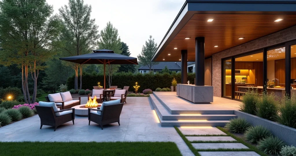 Modern backyard with outdoor kitchen, fire pit, shaded seating area, and landscaped garden