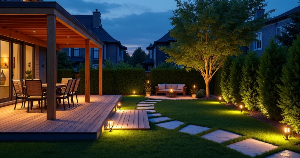 Modern backyard illuminated by warm outdoor lighting with a deck, pathway lights, and garden features at night