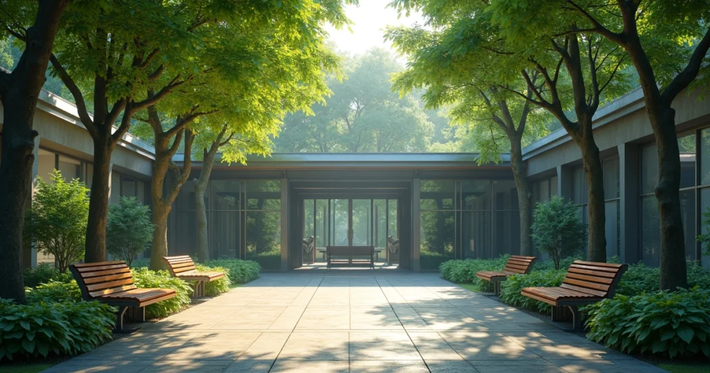 Community cooling center surrounded by shaded garden with tall leafy trees and benches under dappled sunlight
