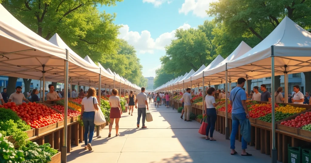 Colorful stalls at Austin farmers market with fresh local produce and shoppers outdoors