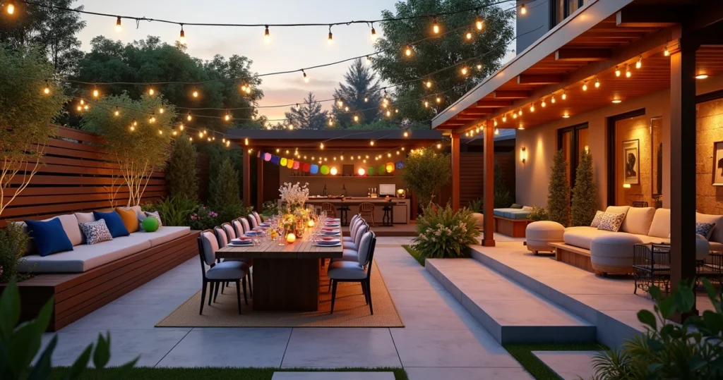 Backyard decorated for adult and kids birthday party with string lights, colorful balloons, and outdoor dining area
