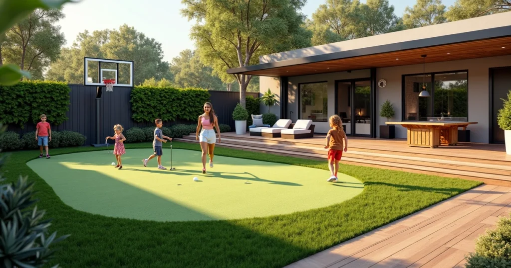 Family enjoying a backyard game area with basketball hoop, putting green, and ping pong table