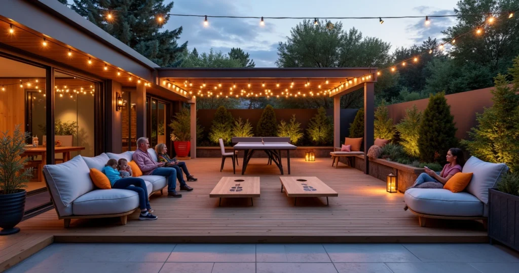 Backyard with outdoor seating and game tables set for a game night