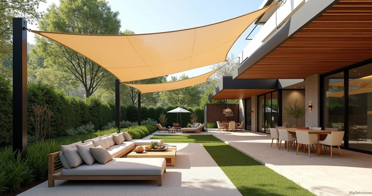 Modern backyard with beige shade sails and wooden pergola providing shaded outdoor seating areas