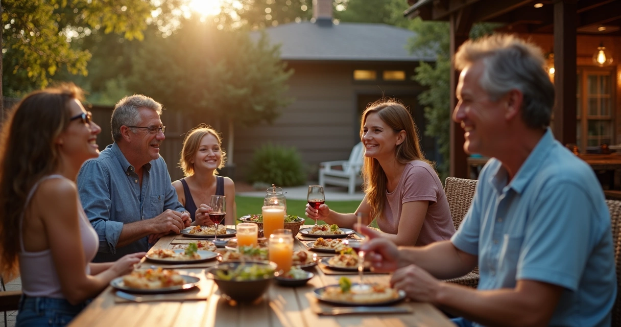 Family enjoying a backyard tailgate party with outdoor kitchen and lounge area