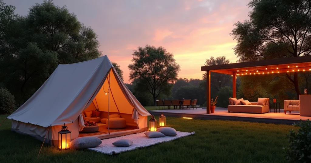 Cozy family camping setup with a pitched tent in a spacious backyard at sunset