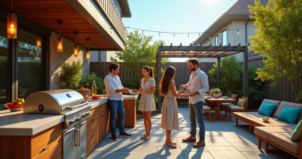 Family grilling together in a modern Austin backyard with outdoor kitchen and lush landscaping