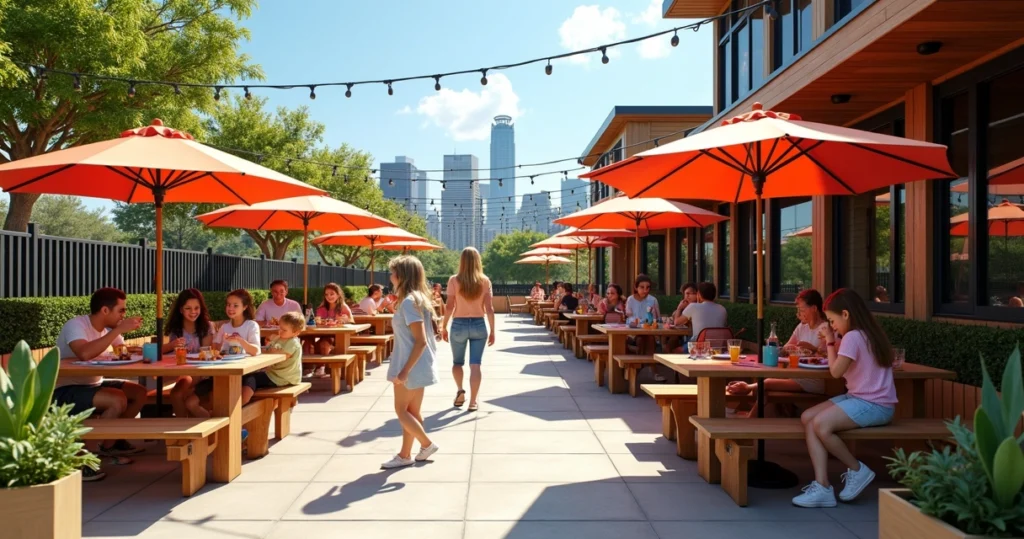 Family enjoying outdoor meal at kid-friendly restaurant patio in Austin