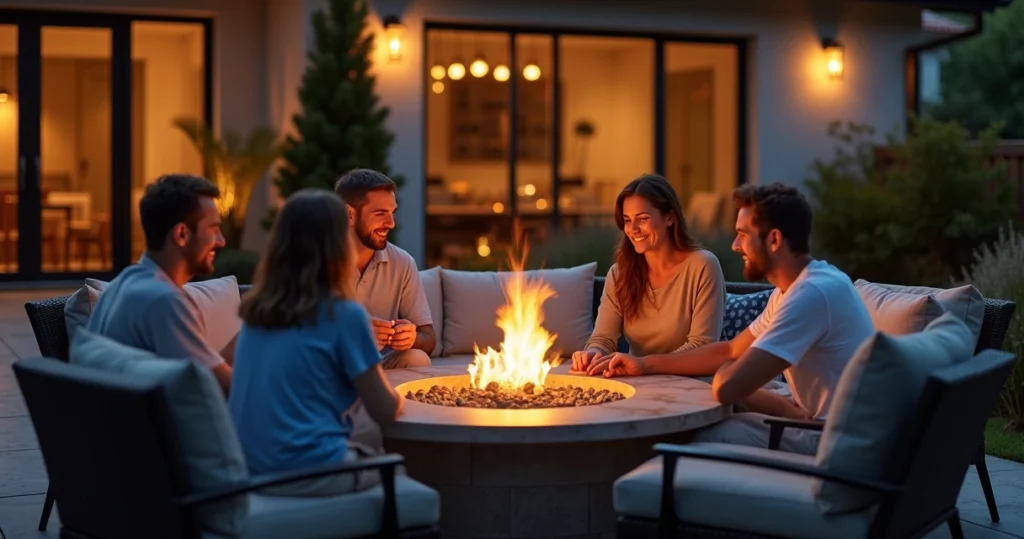 Family gathered around an outdoor fire pit on a modern patio with comfortable seating under warm evening lights