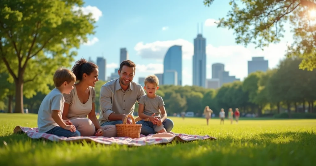 Family with children playing and relaxing in a sunny Austin park with green grass and blue sky