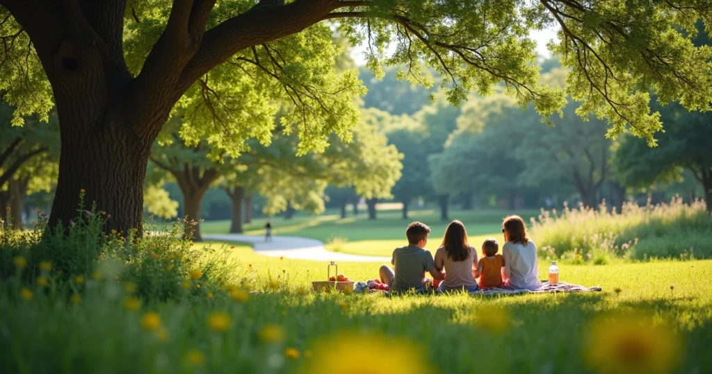 Family relaxing under large trees in a vibrant, shaded Austin park with green grass and walking paths