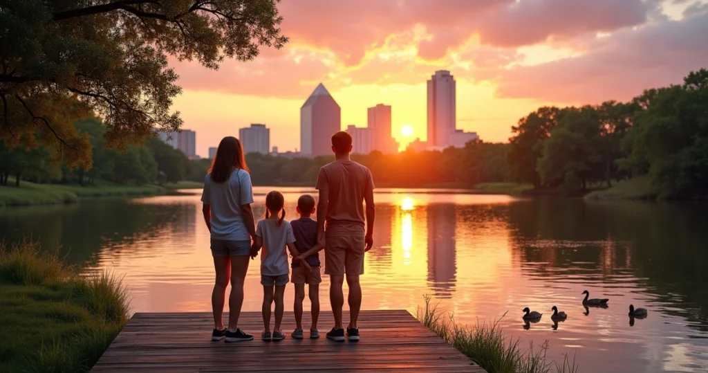 Family watching vibrant sunset over Austin skyline from a waterfront park with lush greenery