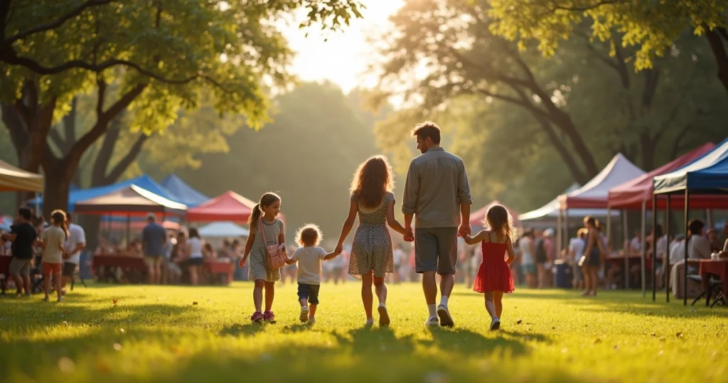 Families enjoying an outdoor festival in a sunny Austin park with children playing and food stalls around