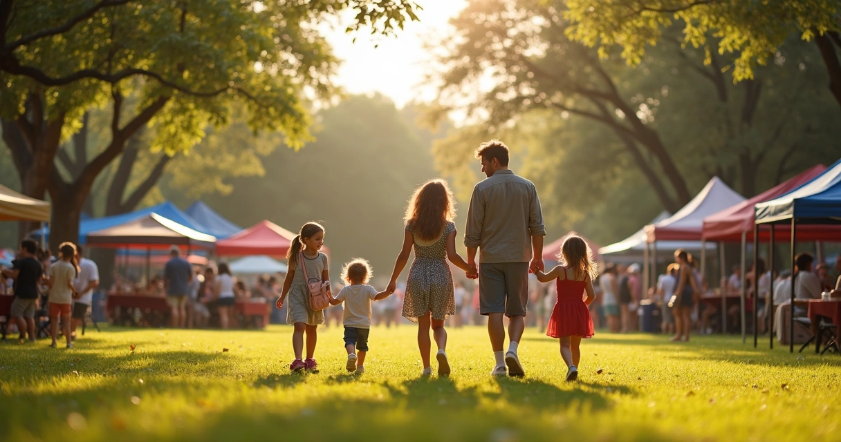 Families enjoying an outdoor festival in a sunny Austin park with children playing and food stalls around