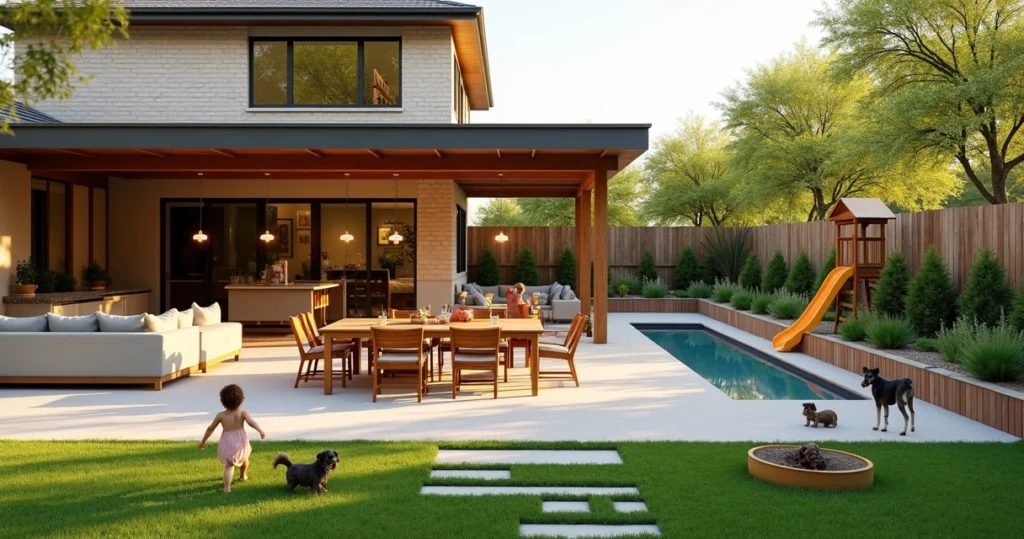 Spacious backyard with outdoor seating, dining area, pergola, play zone for kids, and garden greenery