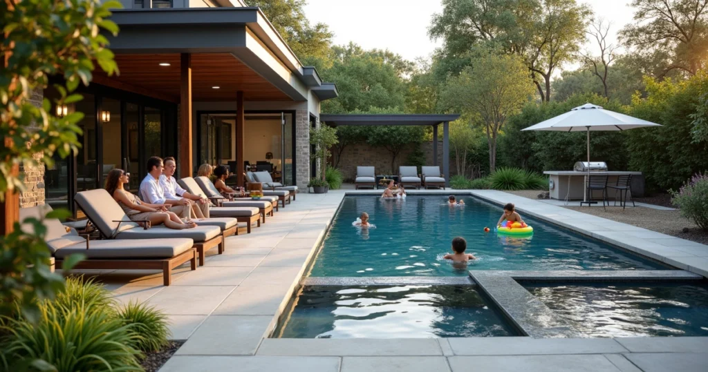 Modern pool patio with adults relaxing and children playing safely near the pool