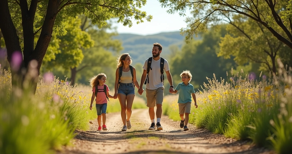 Family hiking together on a sunny nature trail with trees and wildflowers