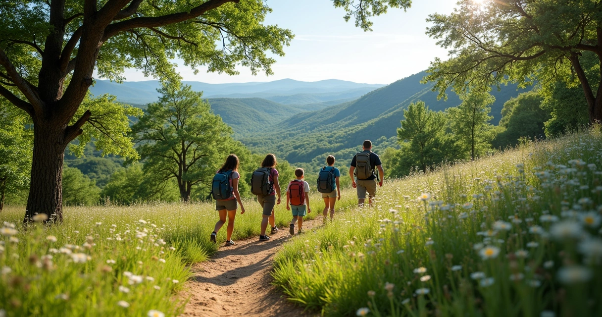 Family hiking on a lush green trail in Texas Hill Country under clear blue sky