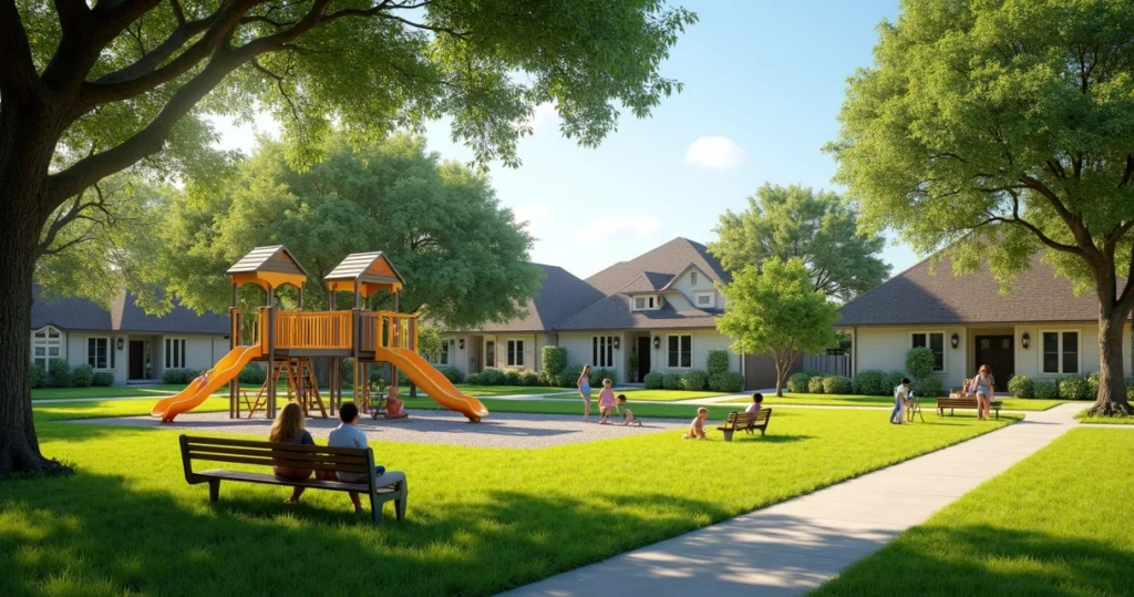 Family enjoying sunny day in spacious Austin neighborhood park with playground and greenery